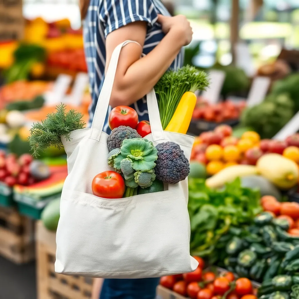 a person holding a canvas tote bag filled with fresh produce at a farmer's market, with a blurred background of colorful fruits and vegetables