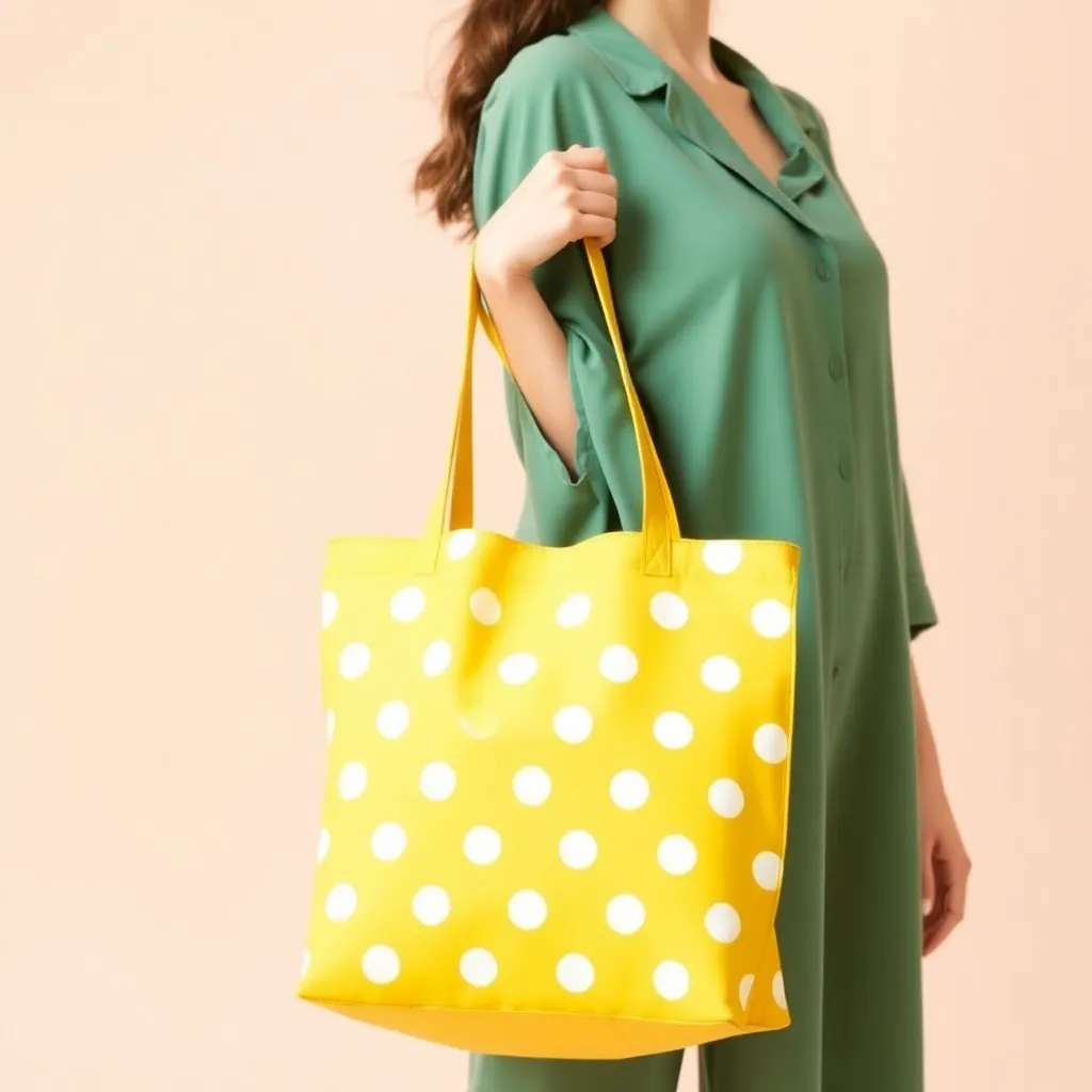 a model holding a bright yellow tote bag with white polka dots, against a pastel-colored background