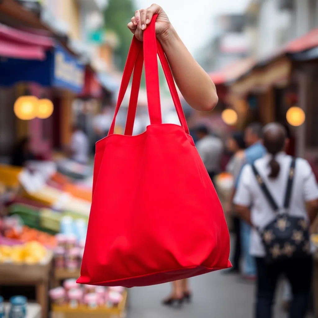 a close-up shot of a woman's arm holding a bright red tote bag, with a blurred background of a busy street or market