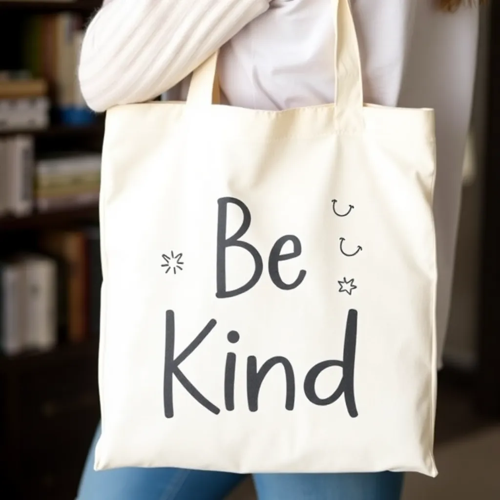 a close-up shot of a person holding a customized tote bag with a fun, hand-drawn design and the words 'Be Kind' written in bold letters