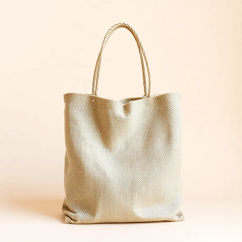 a reusable bag made from natural fibers, such as jute or cotton, with a subtle earthy tone background