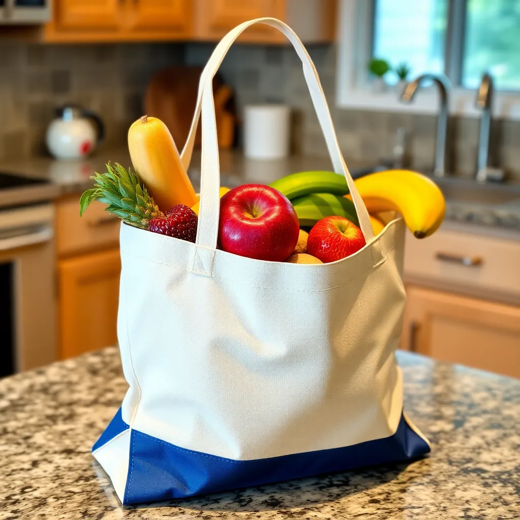 a tote bag converted into a snack bag, filled with fresh fruits and nuts, on a kitchen counter