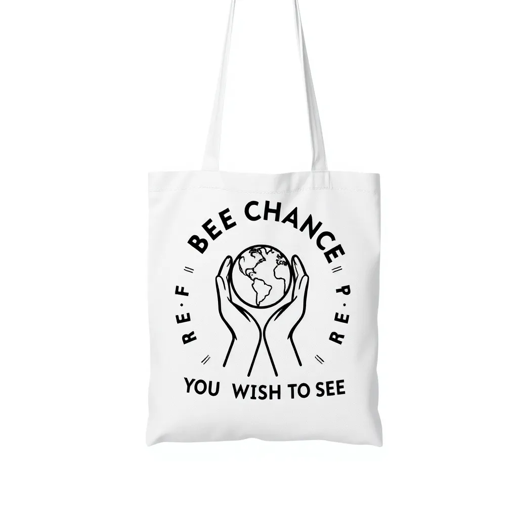 a tote bag with a striking black and white design featuring a illustration of a pair of hands holding a small globe, surrounded by the text 'Be the Change You Wish to See' in a bold, sans-serif font