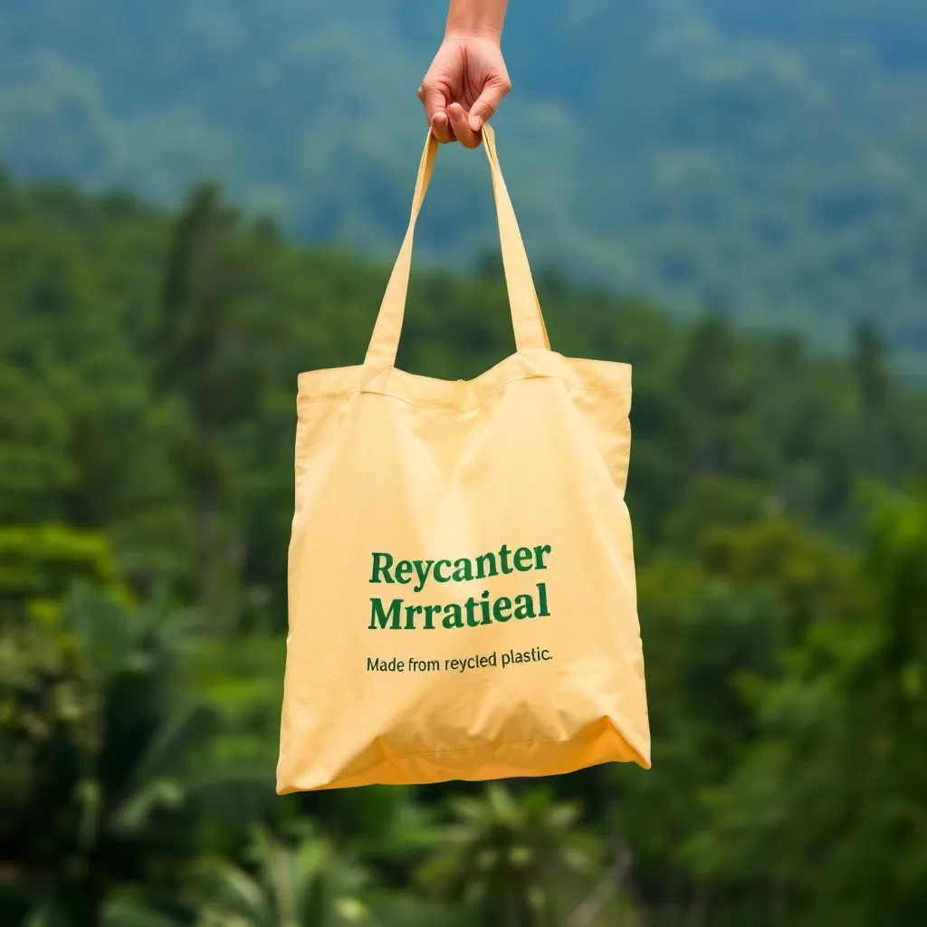 a person holding a tote bag made from recycled plastic, with a blurred background of a lush forest, symbolizing eco-friendliness