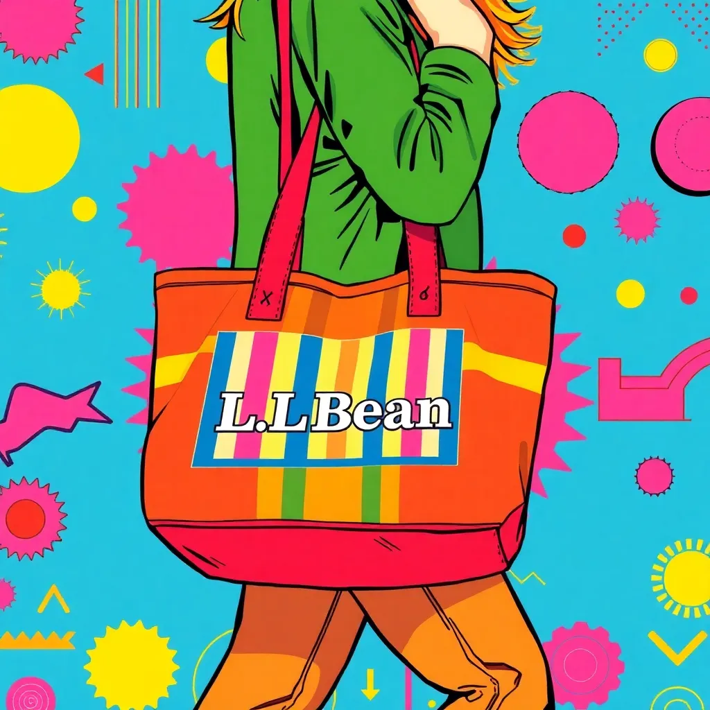 a colorful illustration of a person carrying a brightly colored, striped L.L.Bean tote bag, set against a backdrop of 1980s-inspired graphics and patterns