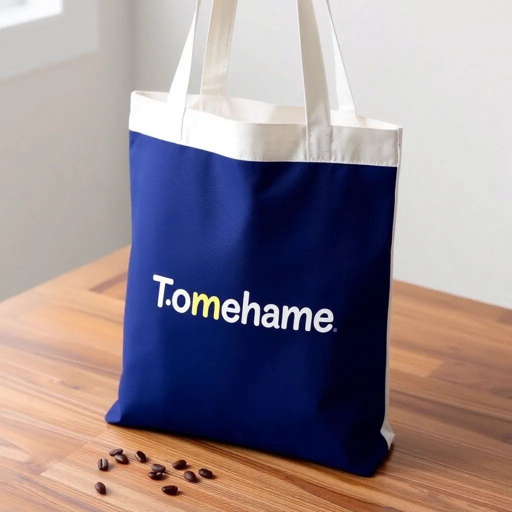 a customized tote bag with a bright, colorful design and a person's name in bold, playful font, placed on a wooden table with a few scattered coffee beans