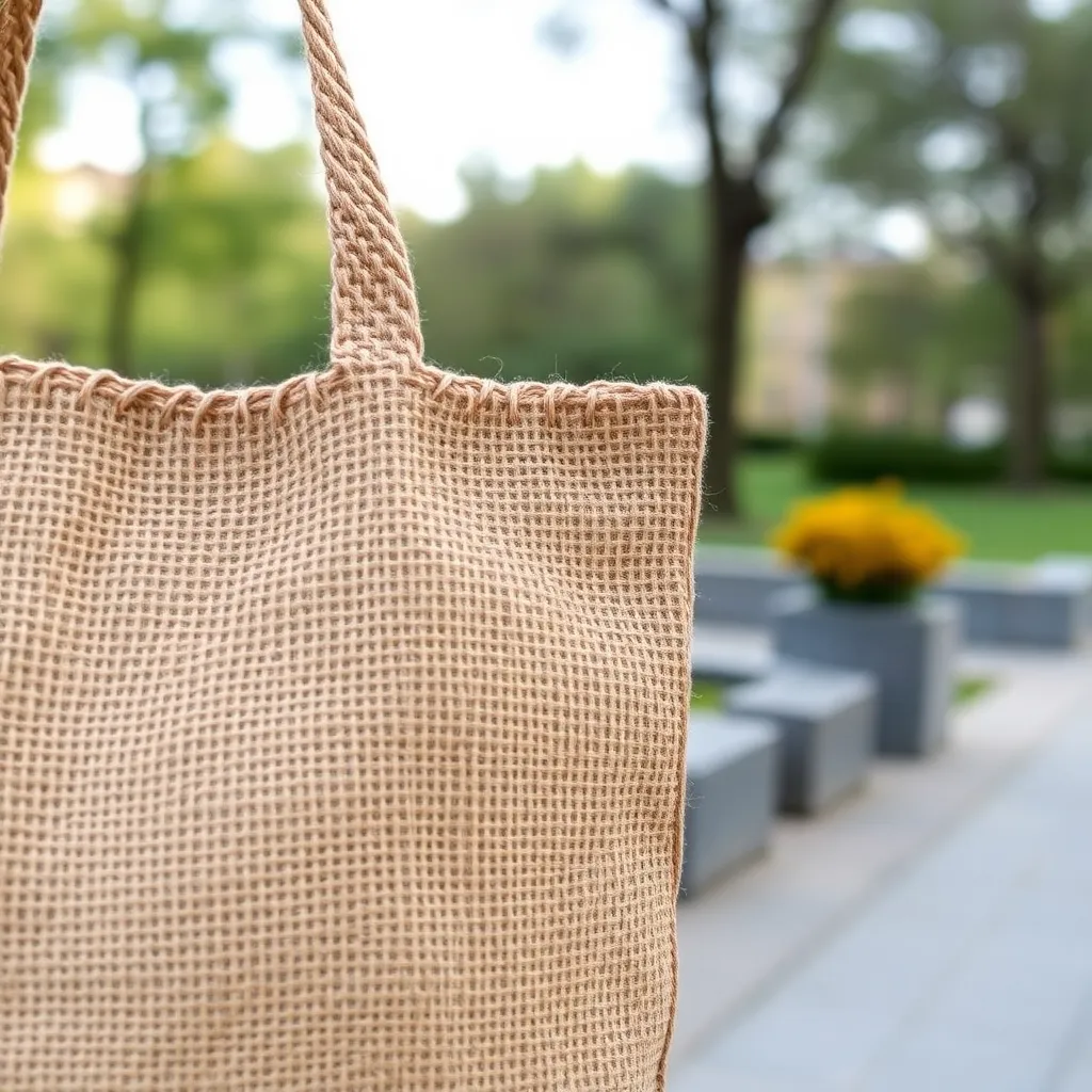 a close-up of a jute tote bag with a natural, earthy texture, with a blurred background of a park or outdoor setting