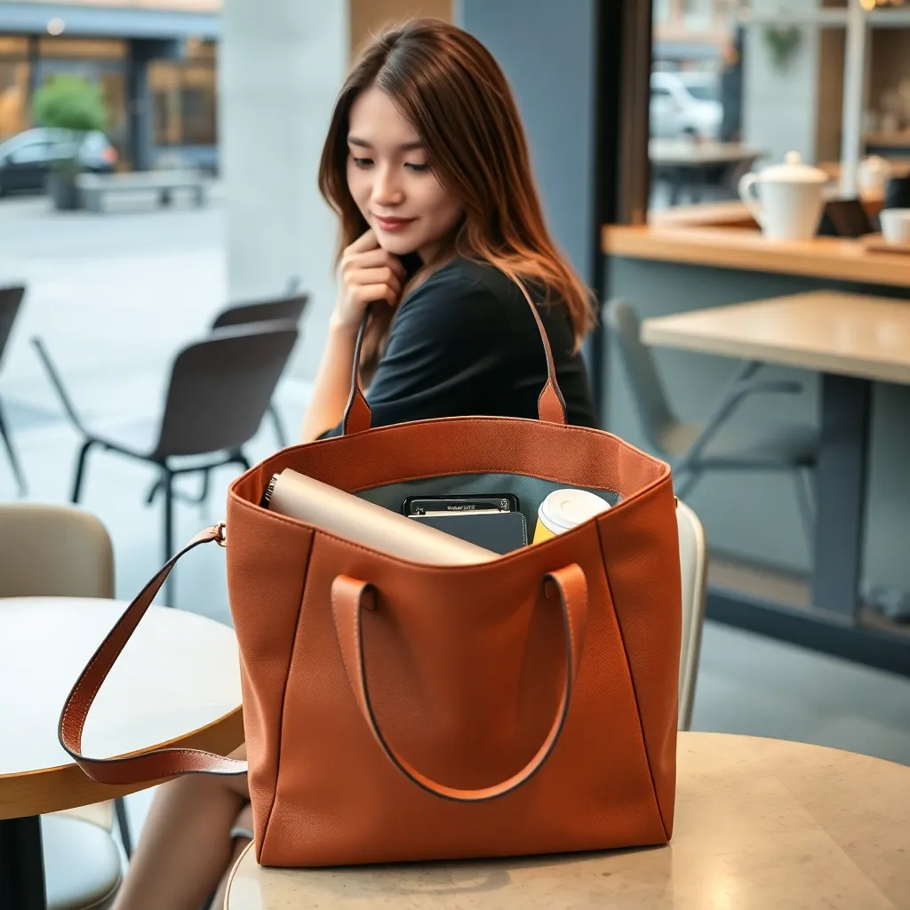 a woman sitting at a coffee shop, with a stylish tote bag open on the table, revealing a neatly organized interior with a laptop, notebook, and coffee cup