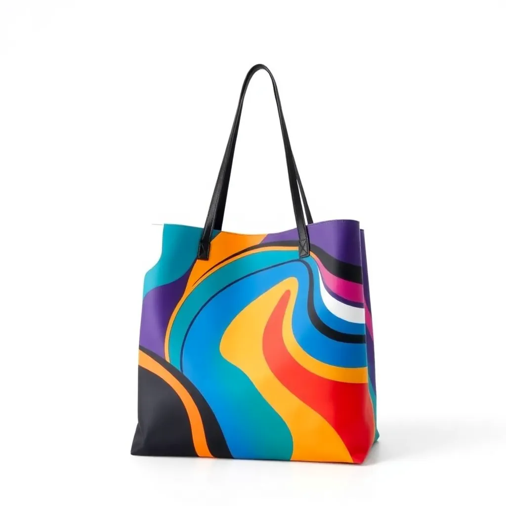 a photograph of a modern, high-end tote bag with a bold, colorful print, set against a clean, white background