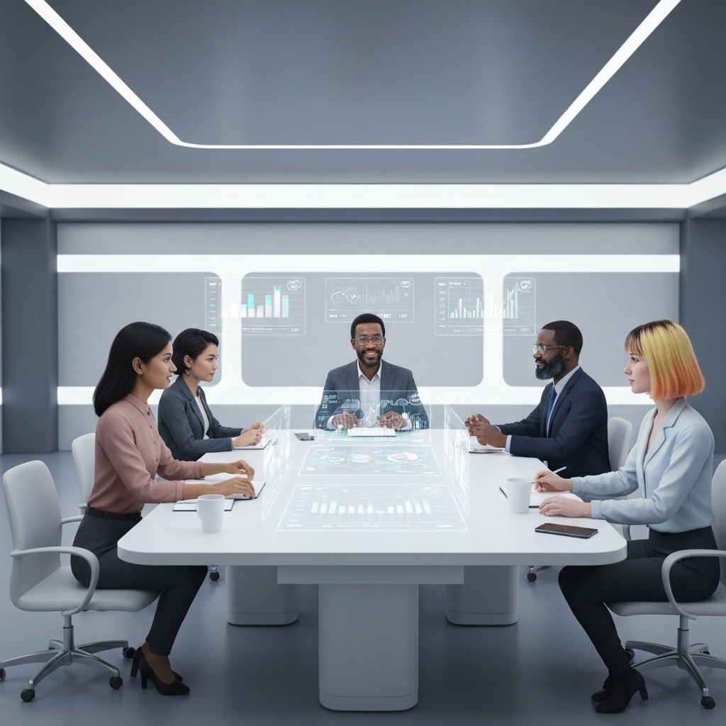 a futuristic virtual meeting room with photorealistic avatars of professionals from diverse backgrounds sitting around a holographic table, presenting data on floating screens in a sleek digital environment