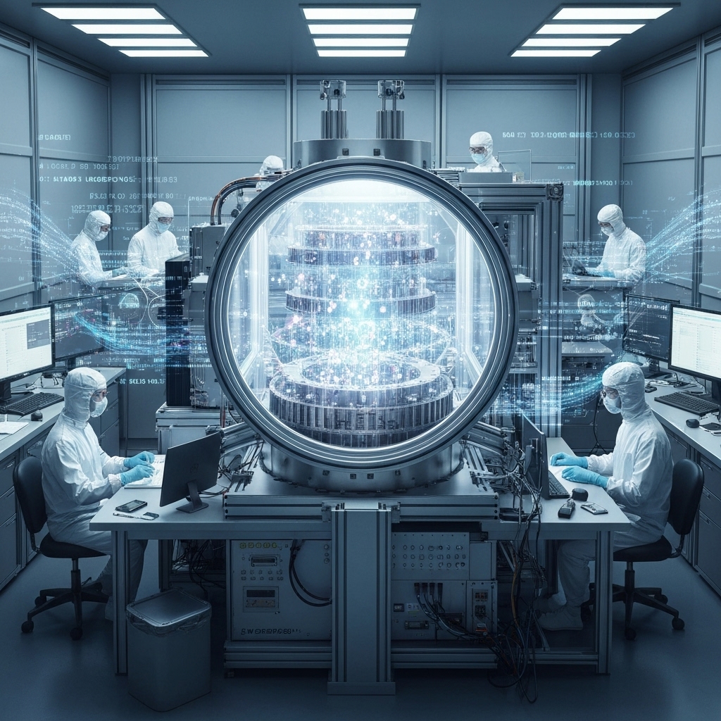 a futuristic quantum computer with glowing qubits suspended in a cryogenic chamber, surrounded by scientists in a high-tech lab with digital data streams floating in the air