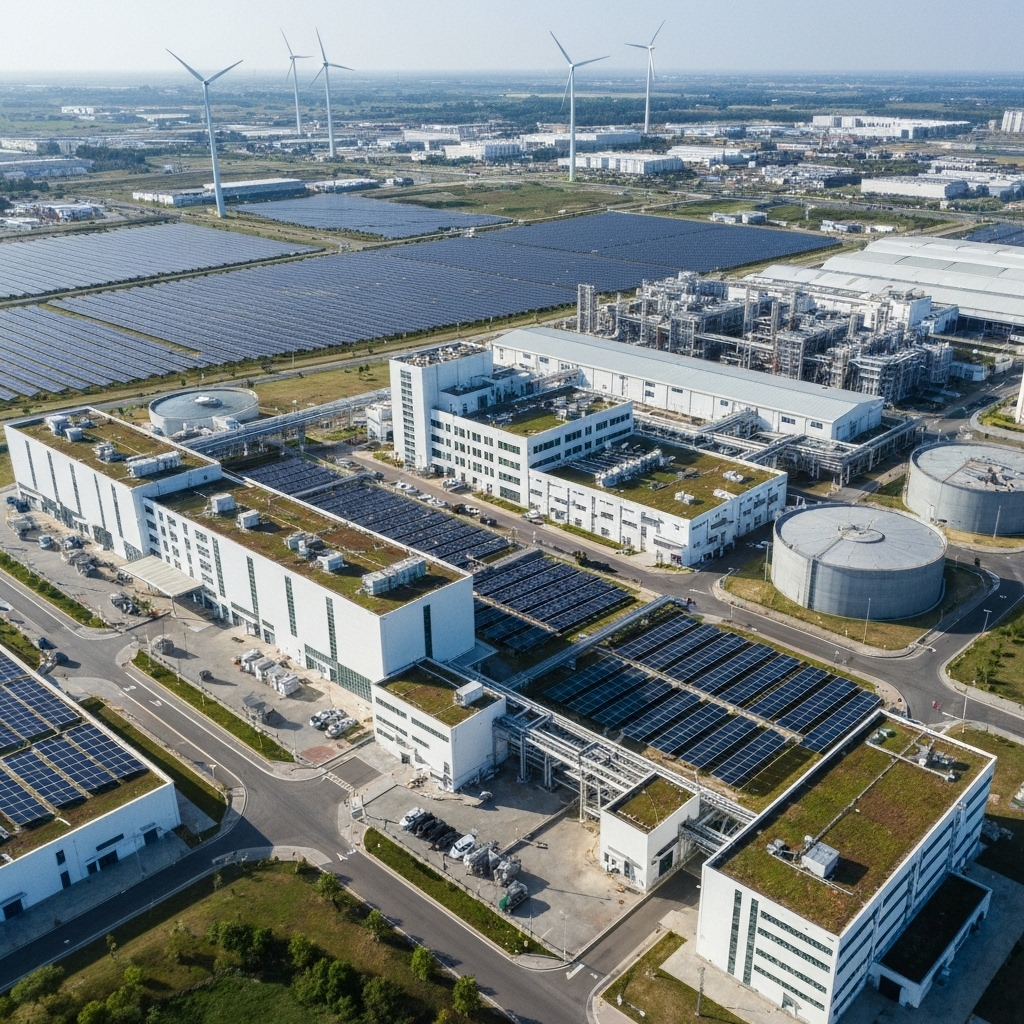 an aerial view of a modern semiconductor fabrication plant surrounded by solar panel fields and water recycling tanks, with clean energy wind turbines in the background and green rooftops visible on adjacent buildings