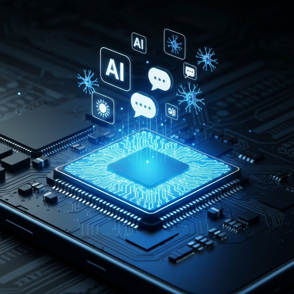 a futuristic microchip glowing with blue circuit patterns, placed on a smartphone motherboard, surrounded by digital AI icons like neurons, speech bubbles, and camera symbols floating above it in a dark tech-themed environment