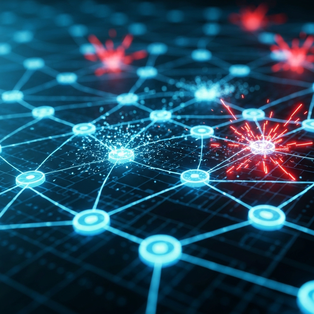a futuristic digital interface showing a network of glowing nodes, with AI-powered shields automatically repairing broken connections and repelling red hacker-like intrusions in a dark cyber environment