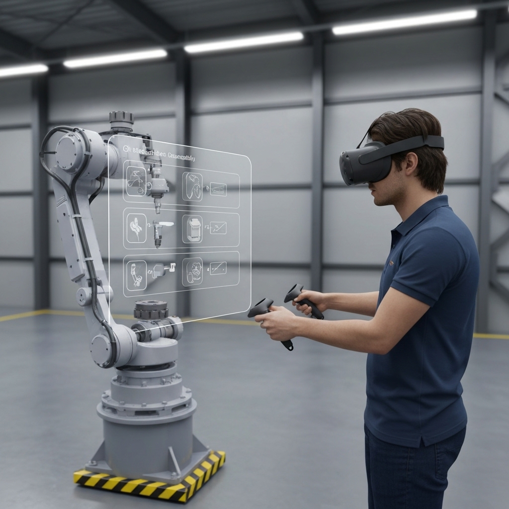 a virtual reality simulation of a factory floor where a technician wearing a VR headset interacts with a 3D model of industrial machinery, using hand controllers to disassemble components under guided instructions