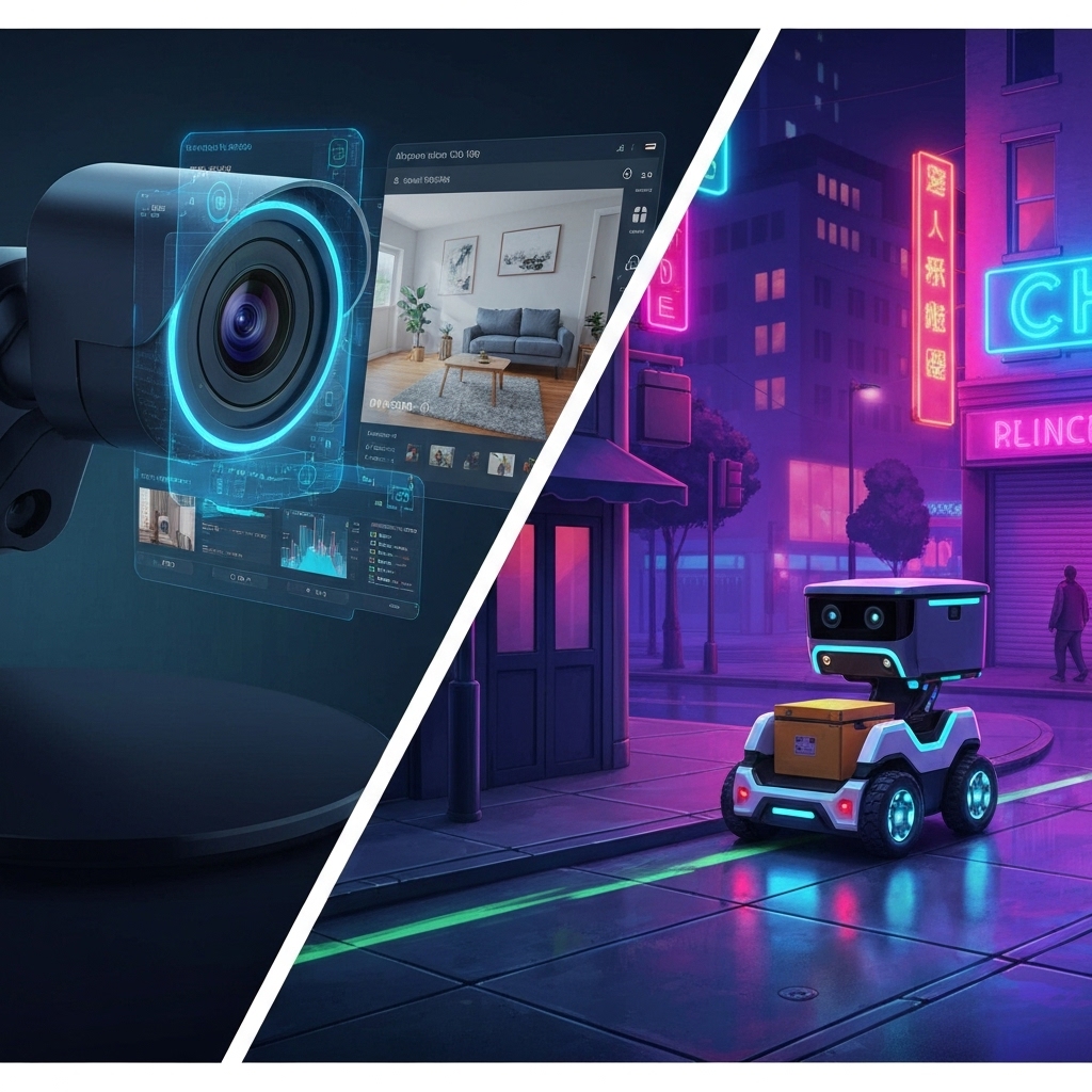 a split-view illustration showing a smart home security camera analyzing footage in real time and an autonomous delivery robot navigating a city sidewalk, both powered by edge AI chips, under a neon-lit urban night sky