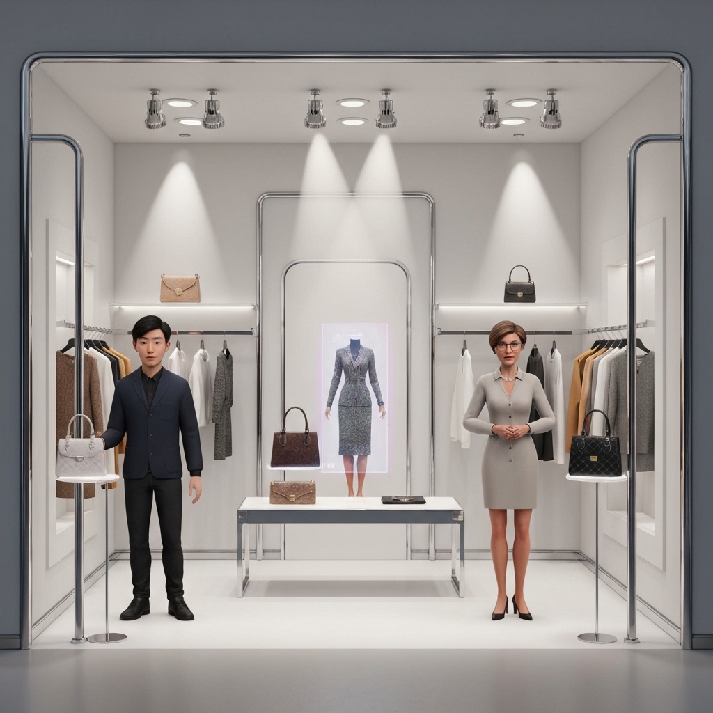 a digital storefront in the metaverse featuring a luxury fashion brand, with animated avatars browsing handbags and trying on virtual clothing under soft spotlighting in a minimalist, high-end virtual boutique