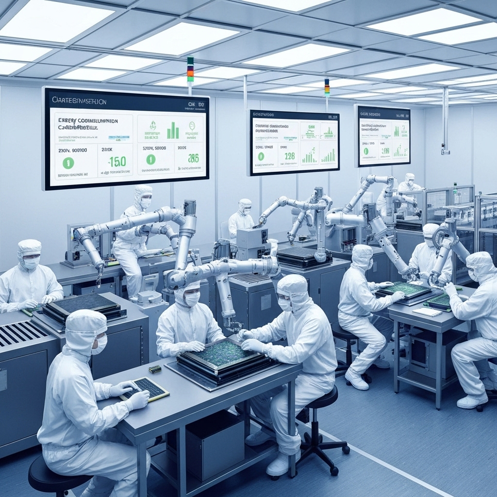 interior of a high-tech semiconductor cleanroom where engineers in protective suits work alongside robotic arms, with digital dashboards showing real-time data on energy savings and carbon reduction metrics