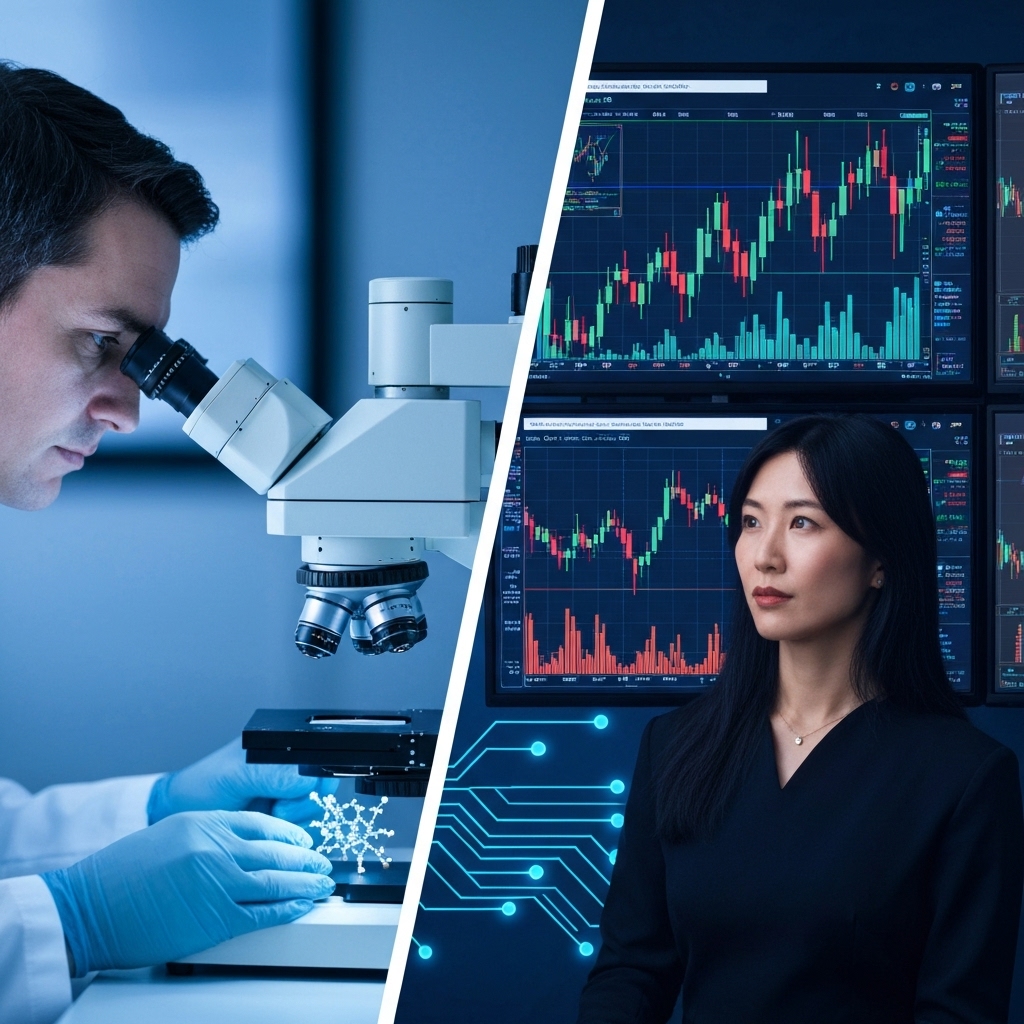 a split-screen visualization showing a scientist analyzing molecular structures on one side and a financial analyst monitoring quantum-optimized stock markets on the other, connected by glowing quantum circuits