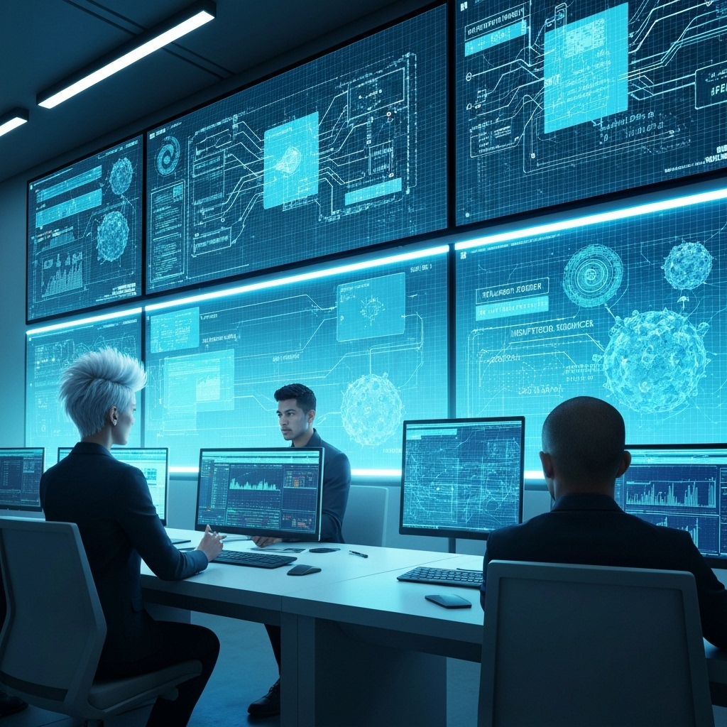 an AI-driven command center with holographic displays showing real-time threat mitigation: code being rewritten automatically, firewalls adapting, and infection sources being quarantined