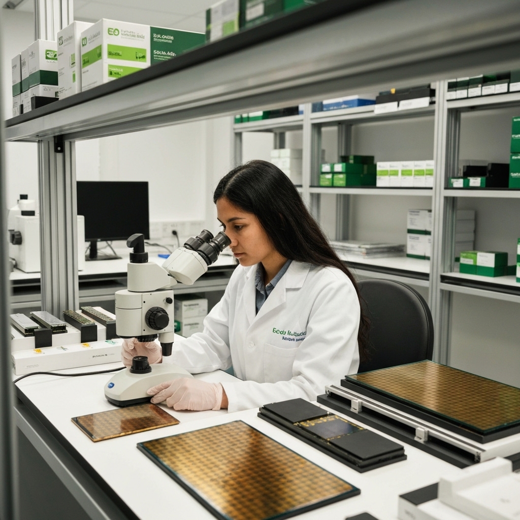 a laboratory scene showing scientists examining a silicon wafer under a microscope, with shelves in the background displaying eco-labeled components and prototypes of biodegradable chip substrates