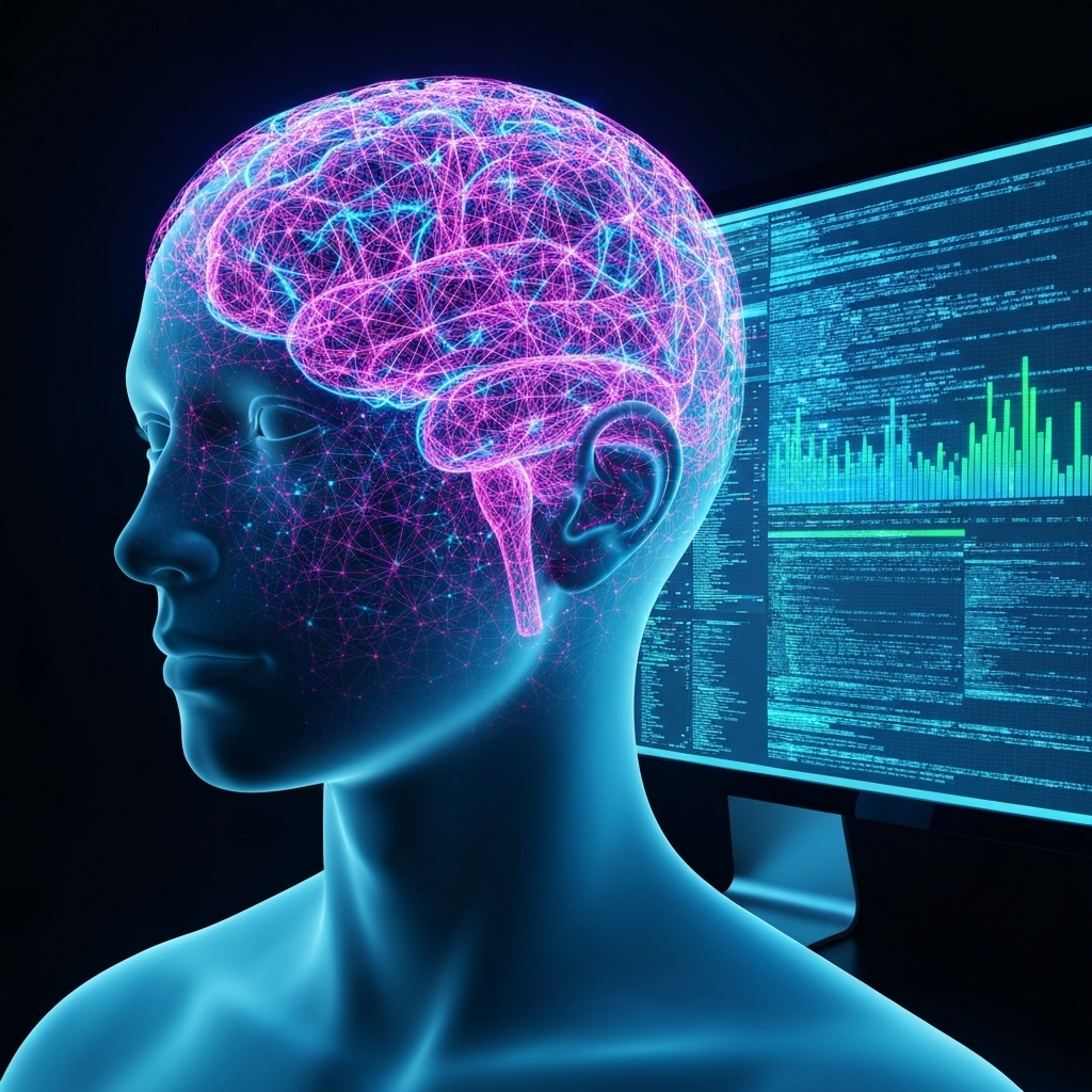 a futuristic illustration of a human head with glowing neural network patterns connecting to a digital interface, showing real-time data streams flowing between the brain and a computer screen