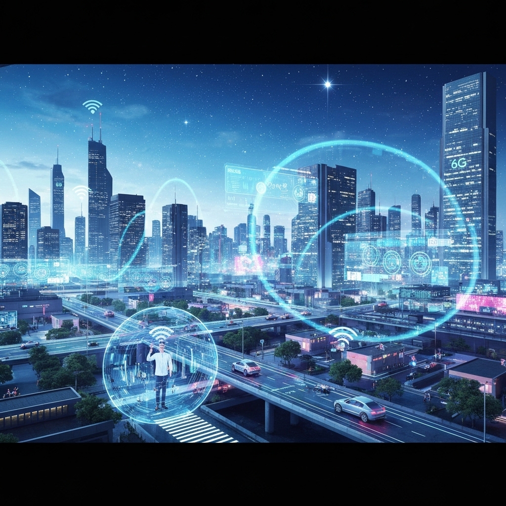 a futuristic cityscape with glowing 6G signal waves connecting smart devices, autonomous vehicles, and AR glasses, under a starry night sky with digital overlays showing real-time data streams
