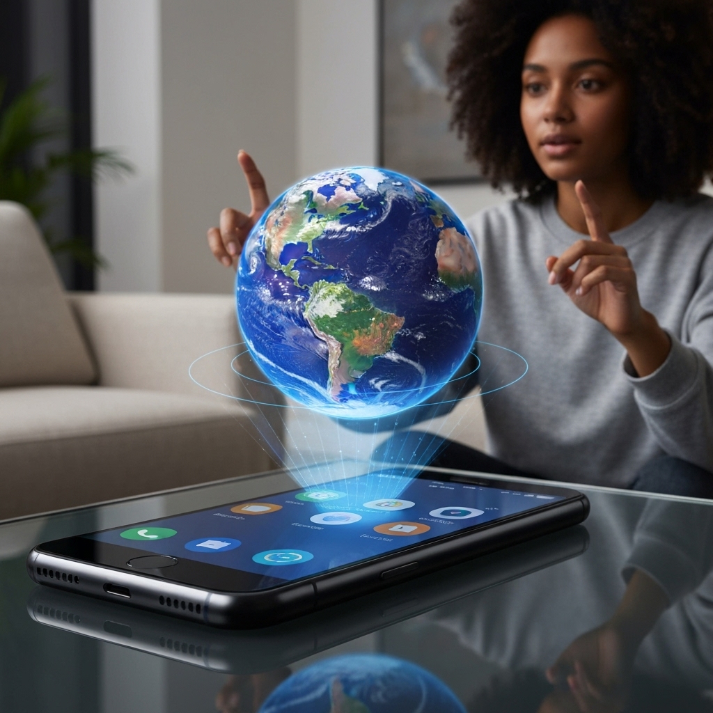 a futuristic smartphone projecting a floating 3D hologram of a rotating Earth above its screen, with a user interacting using hand gestures in a modern living room setting