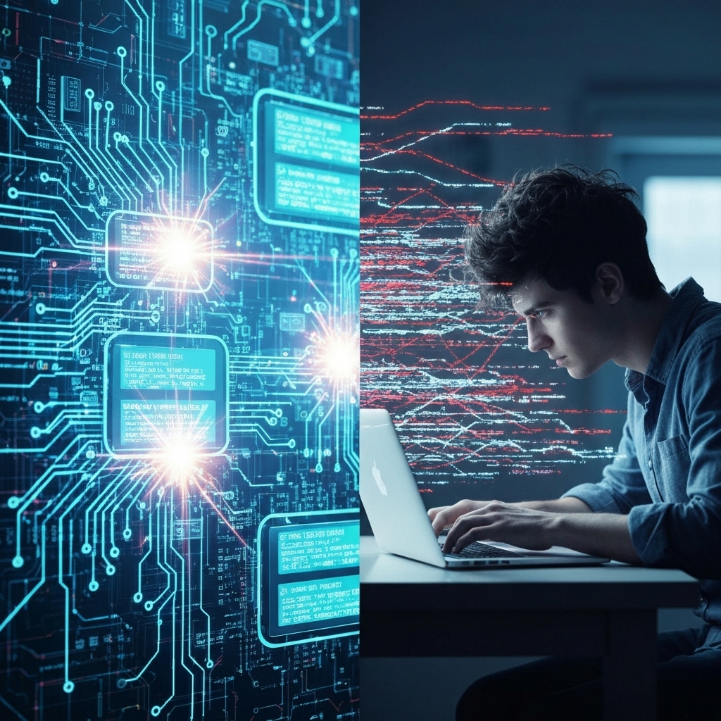 a split-screen image: on one side, a secure AI system healing code; on the other, a hacker attempting to manipulate the AI with adversarial inputs, represented by distorted data streams