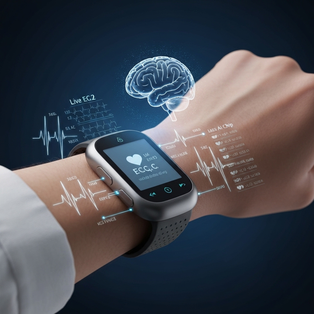 a medical wearable device on a person's wrist displaying live heart rate and ECG data being processed by an embedded AI chip, with translucent data streams flowing into a small holographic brain model above the device