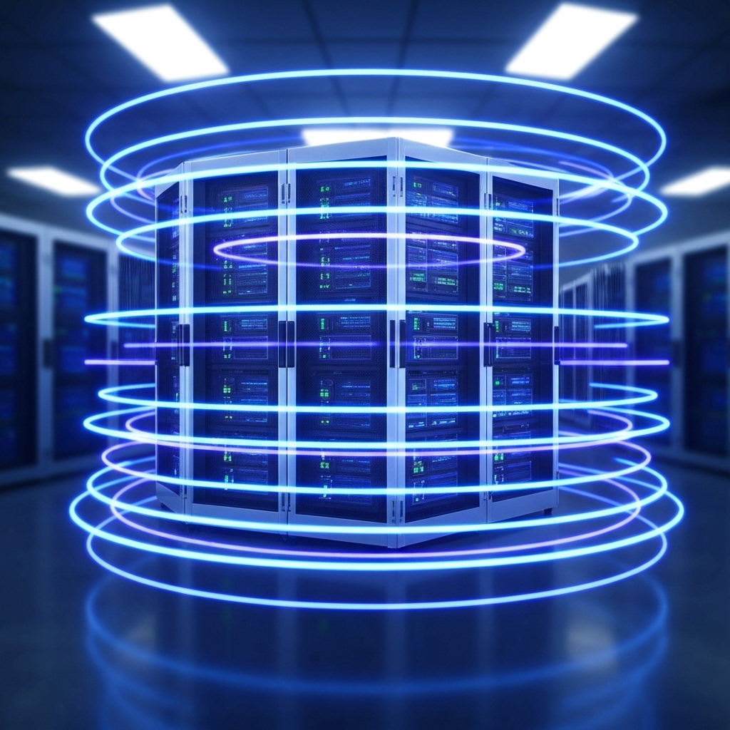 a secure data center with quantum encryption shields protecting digital networks, illustrated with abstract layers of light forming a protective dome around servers