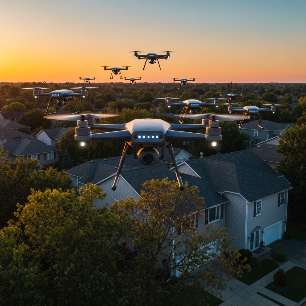 a fleet of autonomous delivery drones flying in formation above a suburban neighborhood at sunset, each equipped with GPS and camera sensors, navigating between trees and rooftops