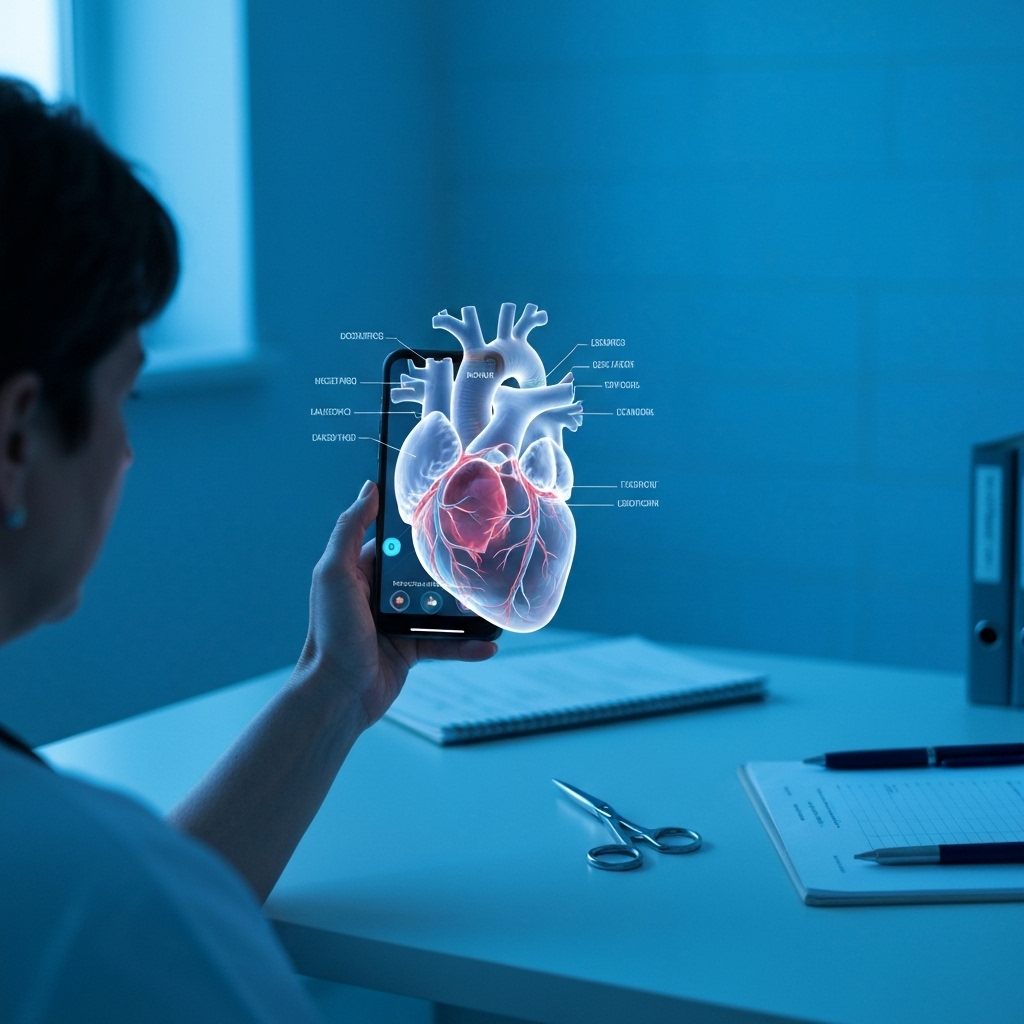 a medical professional using an AR smartphone to view a translucent 3D hologram of a human heart hovering above a hospital desk, with anatomical labels visible and ambient blue lighting