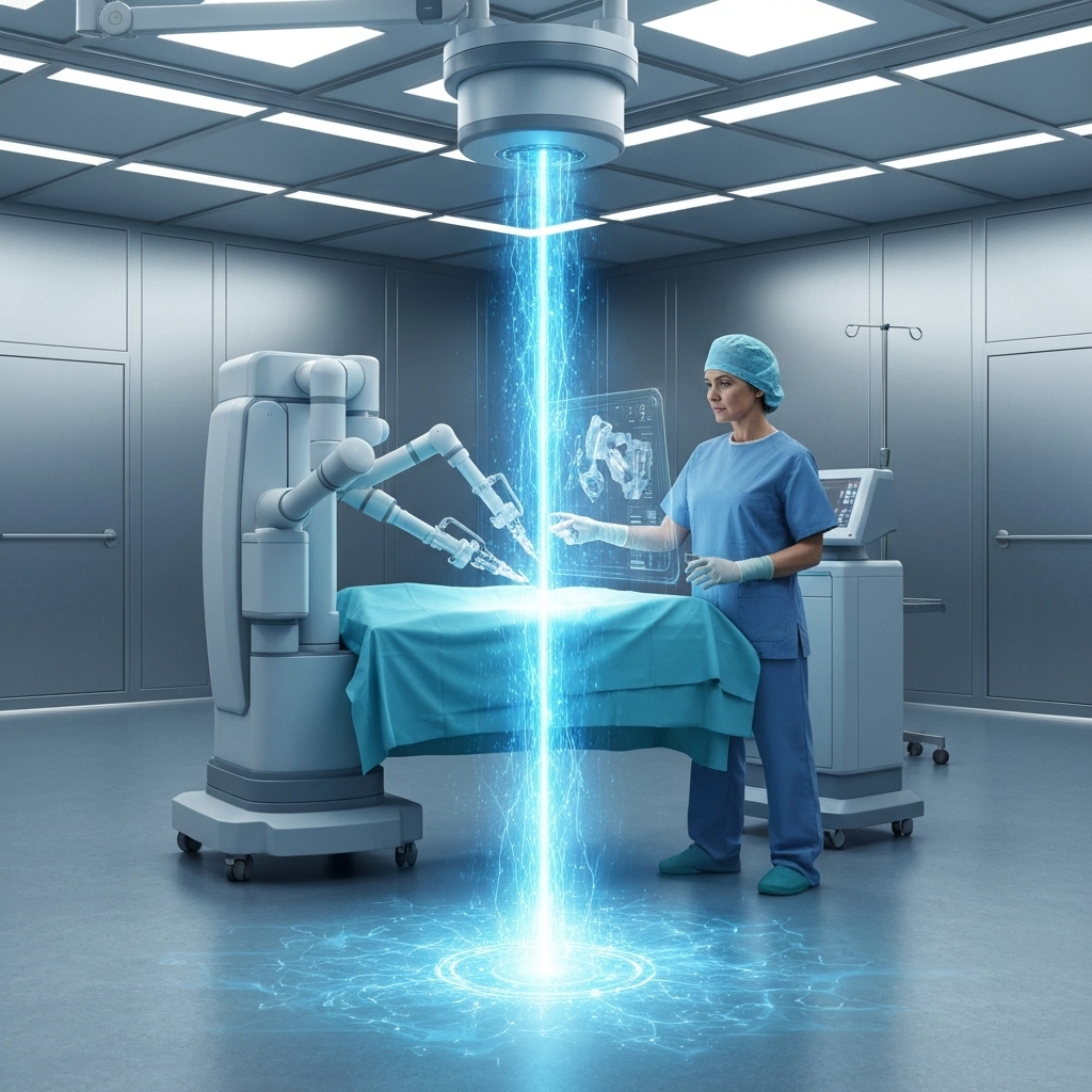 a high-tech operating room where a surgeon controls a robotic arm via a holographic interface, connected through a visible 6G network pulse flowing from a central tower into the hospital