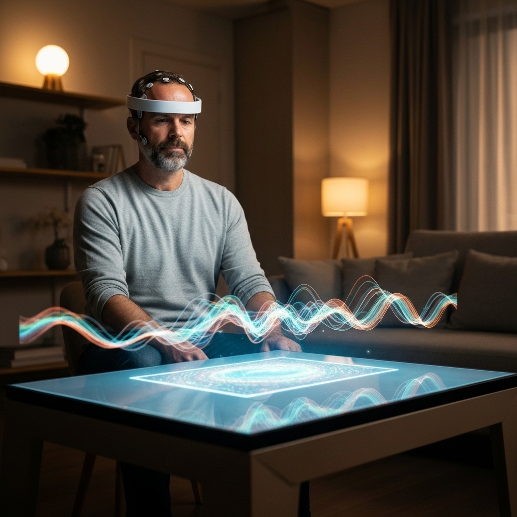 a person wearing a sleek, white EEG headset sitting in a modern living room, with a holographic display responding to their thoughts, showing brainwave visualizations floating in the air
