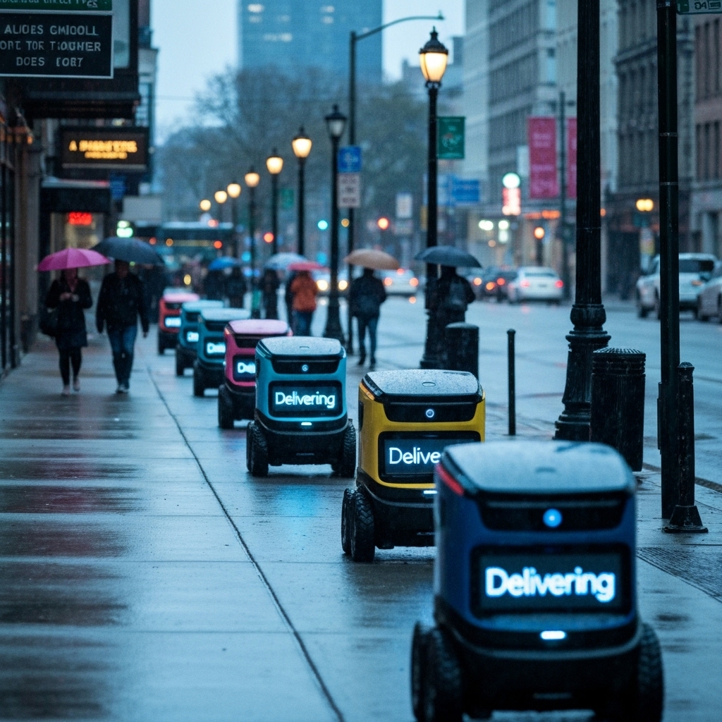 a group of autonomous delivery robots moving in a line on a city sidewalk, passing pedestrians and street signs, with LED displays showing 'Delivering' in soft blue light, during a rainy afternoon