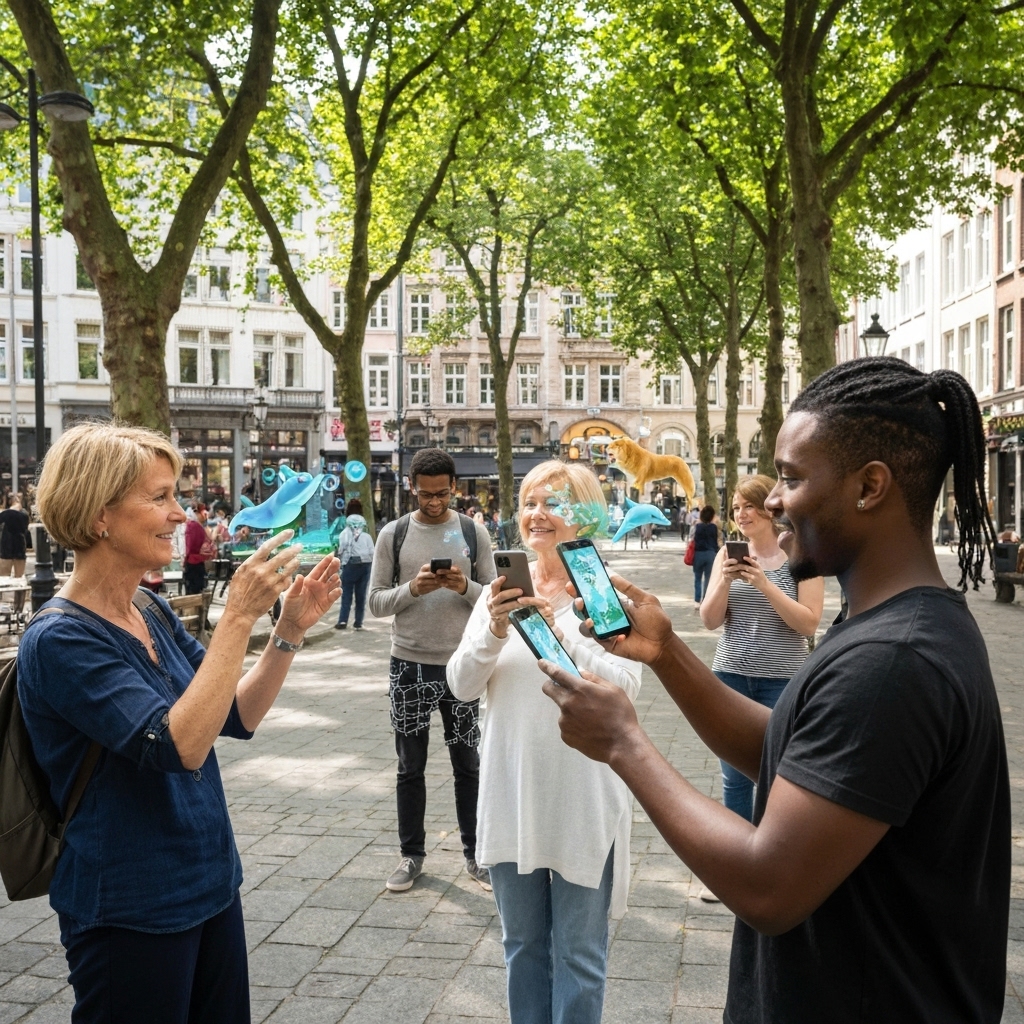 a diverse group of people in a city park using AR smartphones to view floating holograms of animated animals and interactive maps, with sunlight filtering through trees and a vibrant urban backdrop