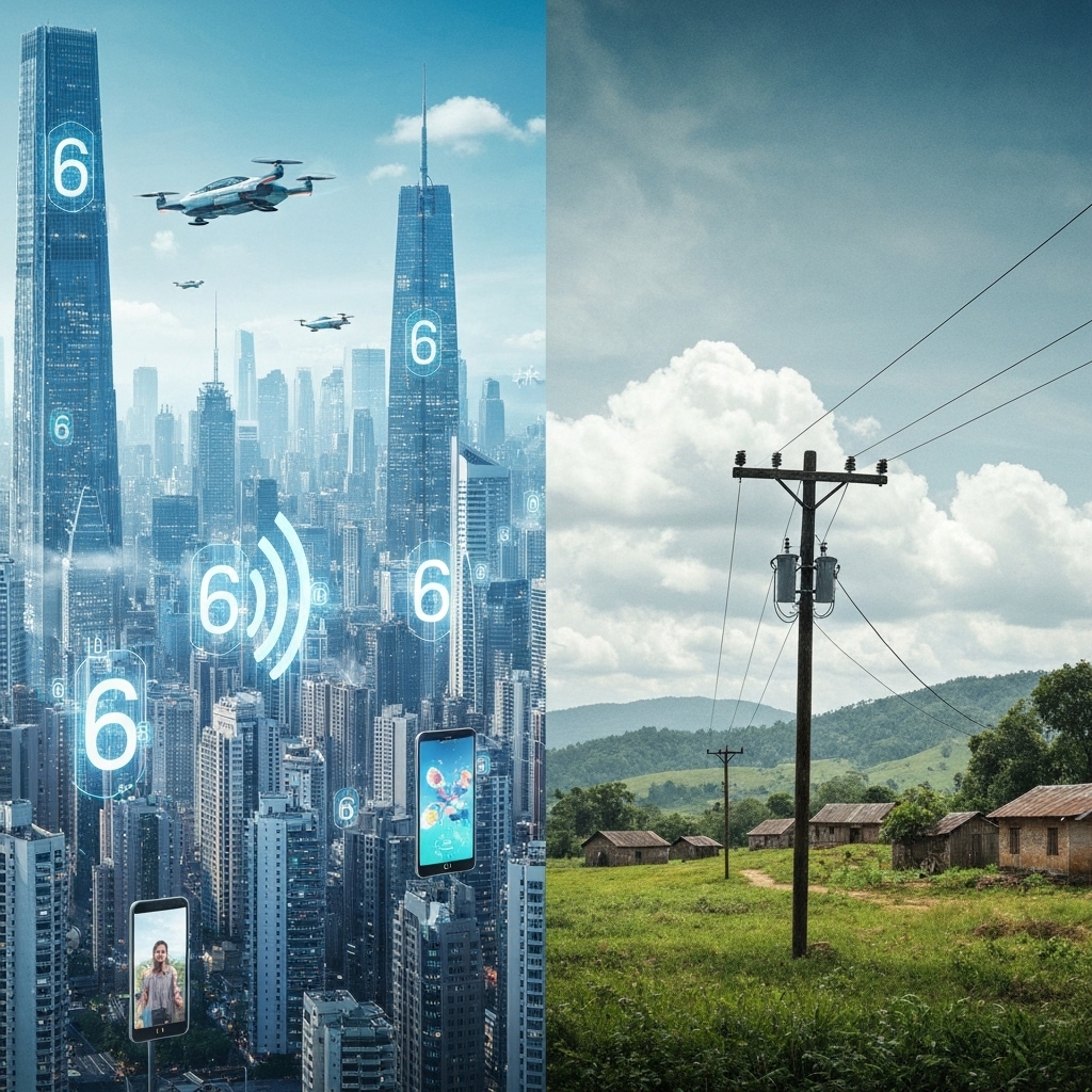 a split-view image: one side shows a bustling metropolis covered in 6G signals and smart devices; the other side depicts a remote village with limited connectivity, highlighting the digital divide