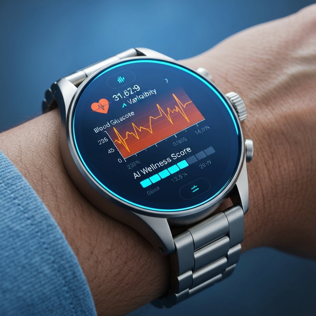 a futuristic smartwatch on a person's wrist displaying a dashboard of health metrics including heart rate variability, blood glucose trends, and AI-generated wellness score, set against a soft blue digital interface glow