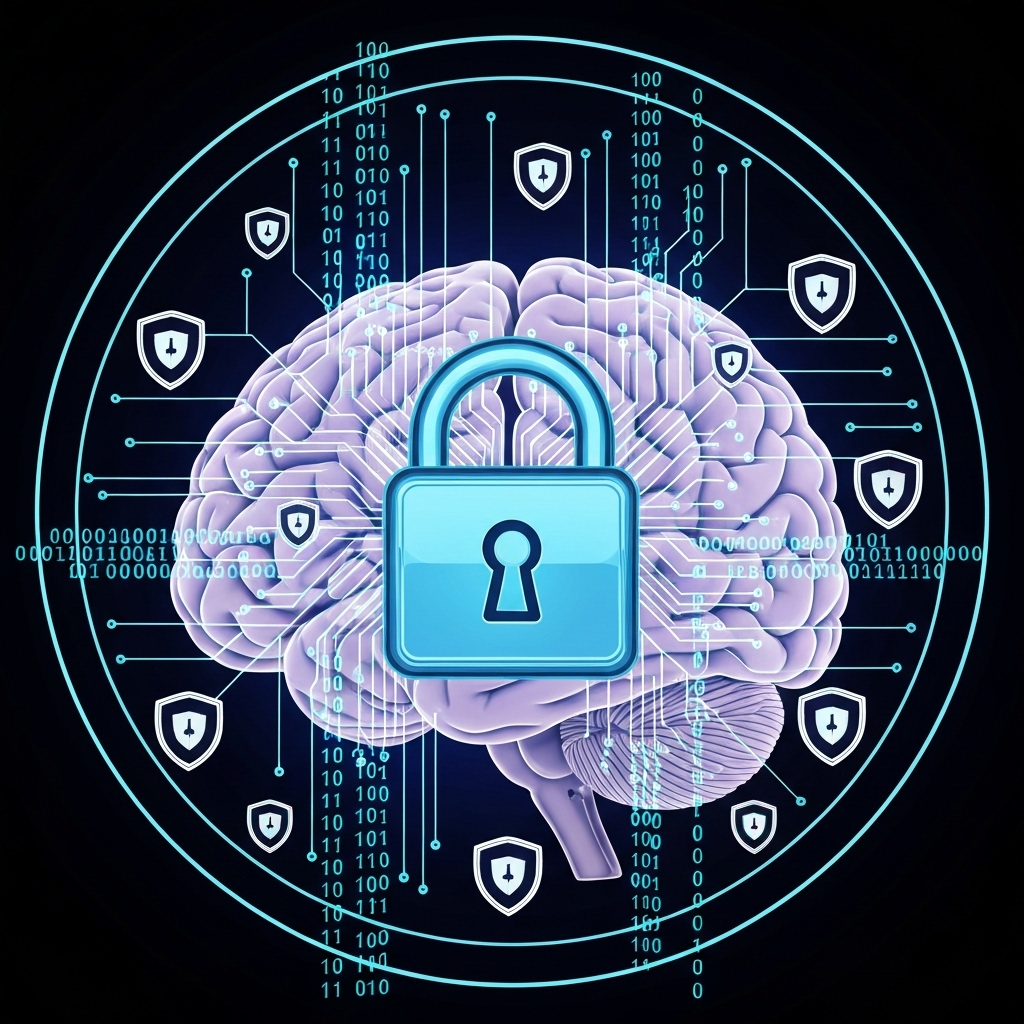 a digital lock symbol embedded in a human brain illustration, with binary code and shield icons surrounding it, representing data protection and cybersecurity in neural interfaces