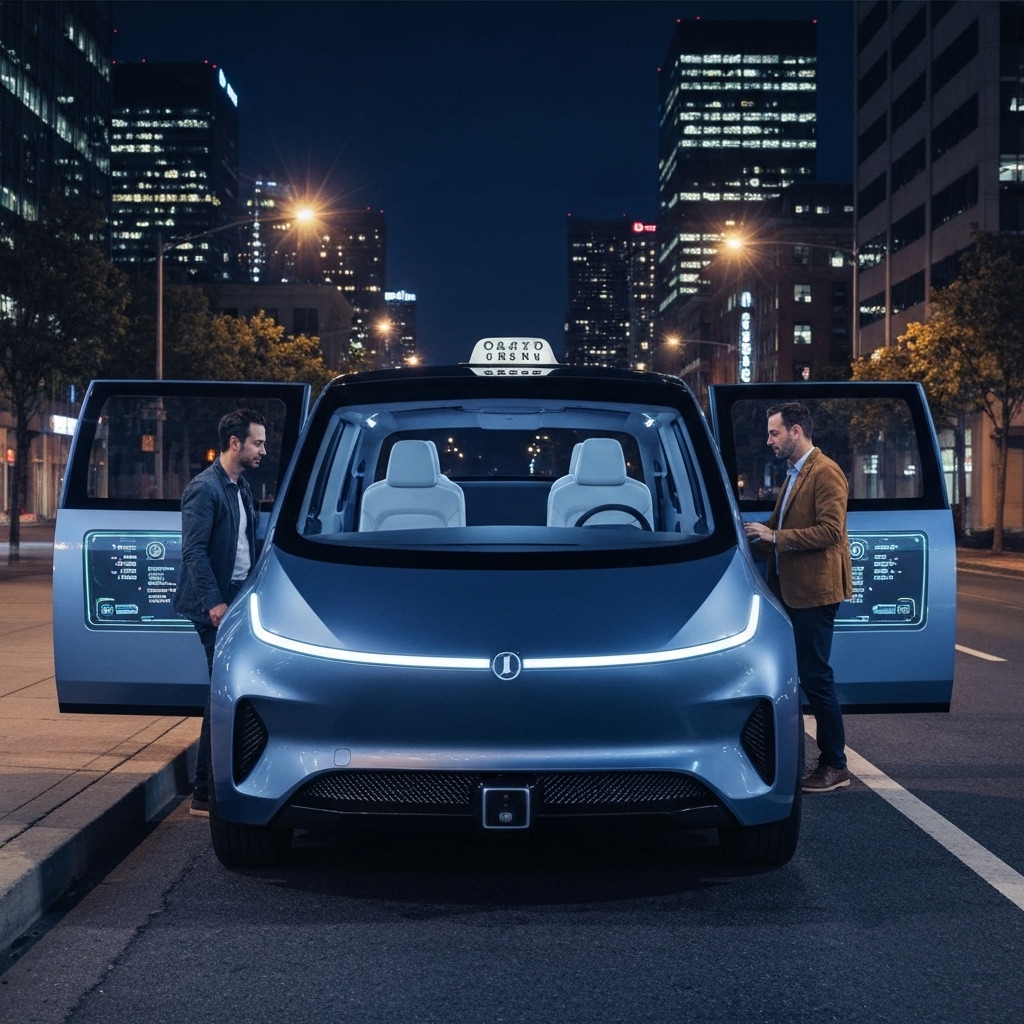 a sleek, futuristic autonomous taxi without a steering wheel parked at a city curb, passengers entering from both sides, with digital screens displaying route information under a clear night sky filled with city lights