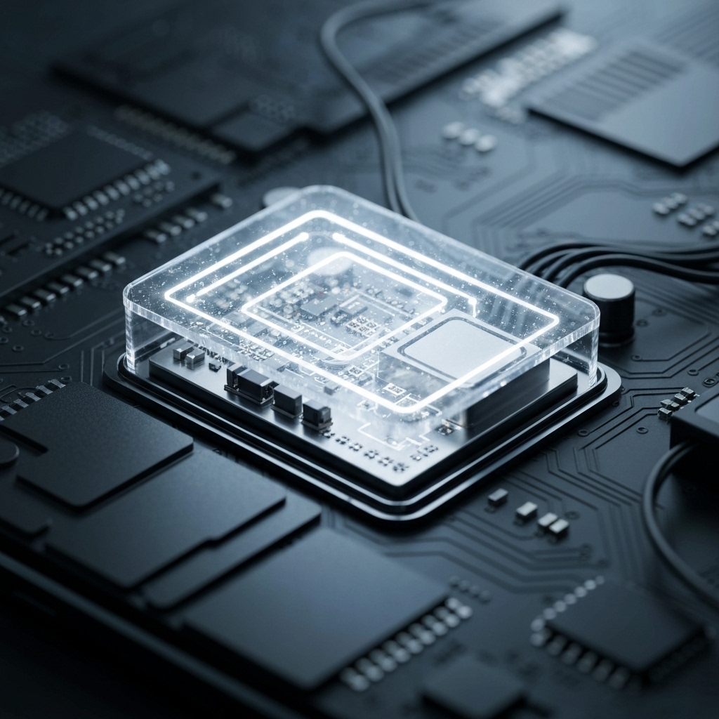 a close-up of a smartphone's internal components showing a transparent holographic projector module with glowing light paths, set against a dark tech lab background with circuit board textures