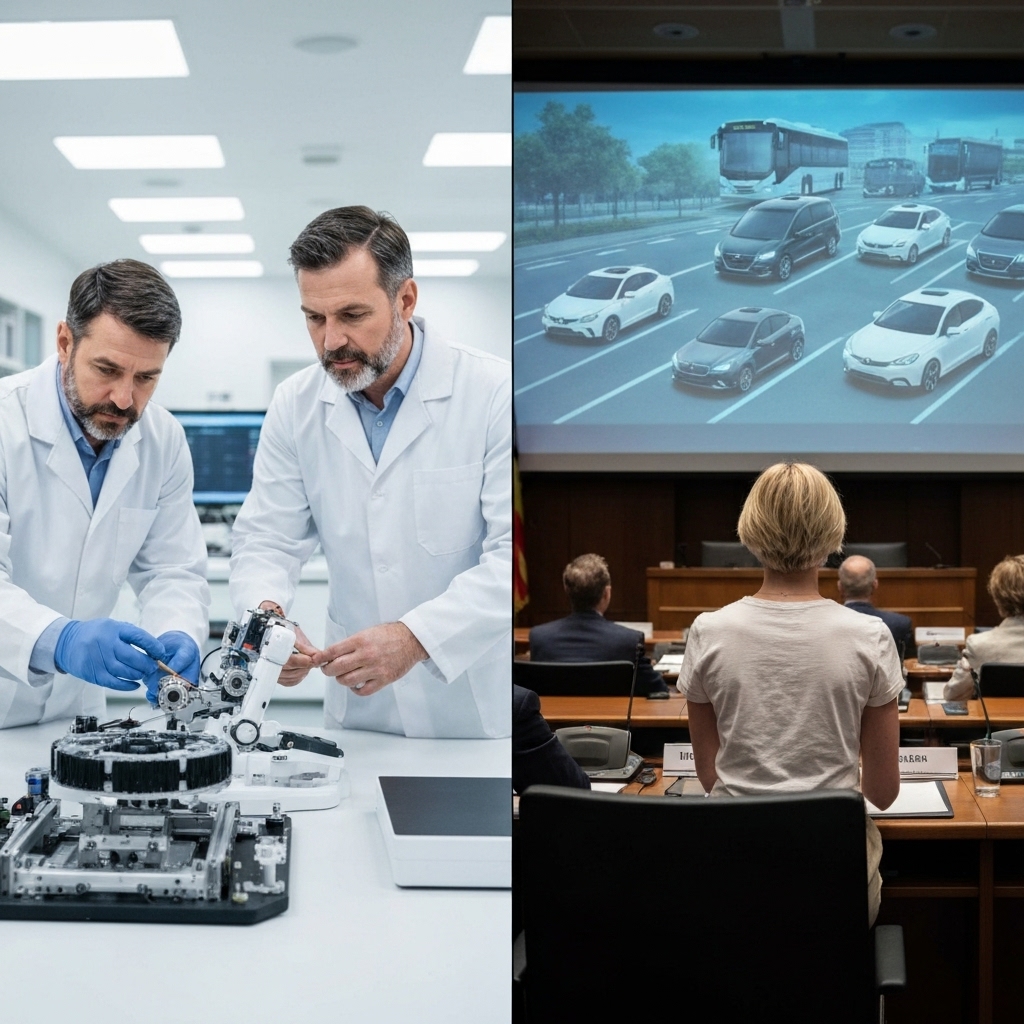 a split-view image: one side shows engineers working on an autonomous robot in a high-tech lab, the other side shows a city council meeting with people debating over holographic projections of self-driving vehicles