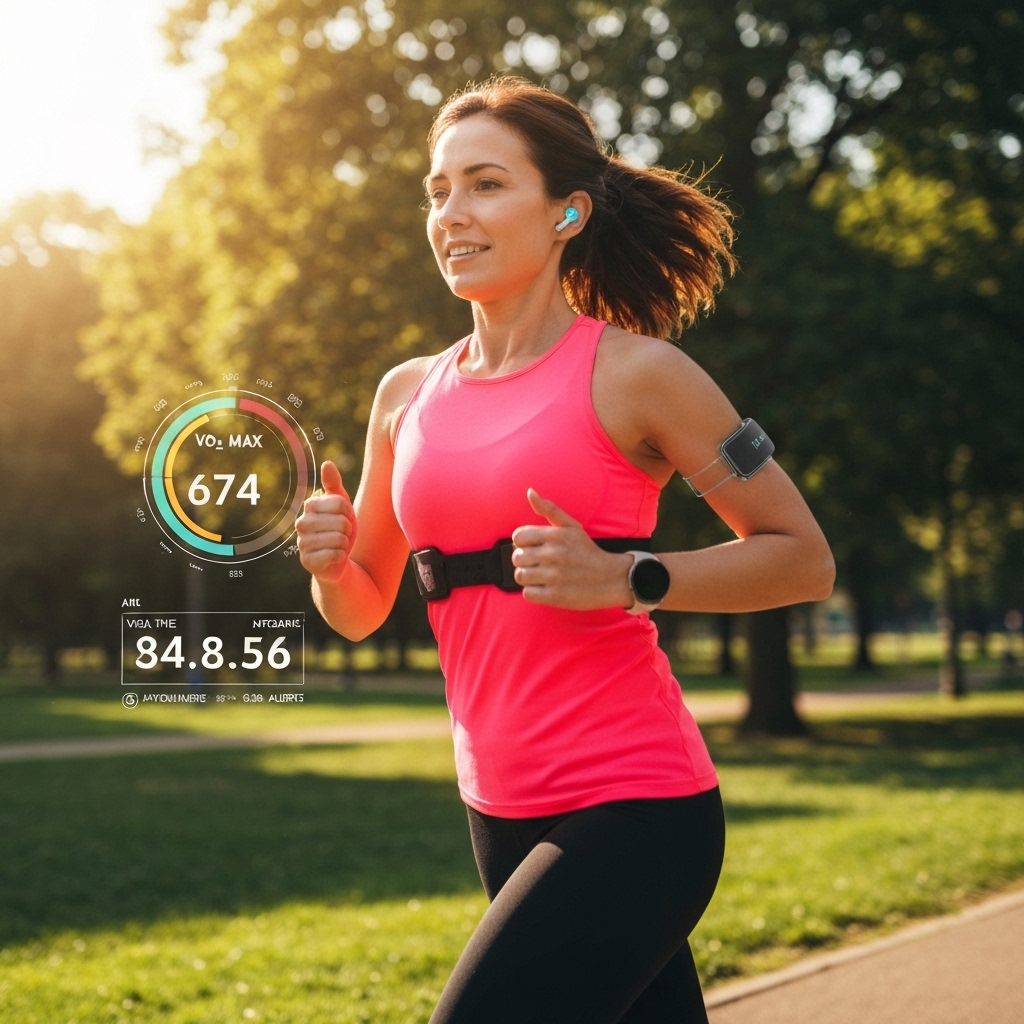 a woman jogging in a park while wearing AI-enabled earbuds and a lightweight chest strap sensor, with a transparent AR overlay showing real-time VO2 max, pace, and hydration alerts