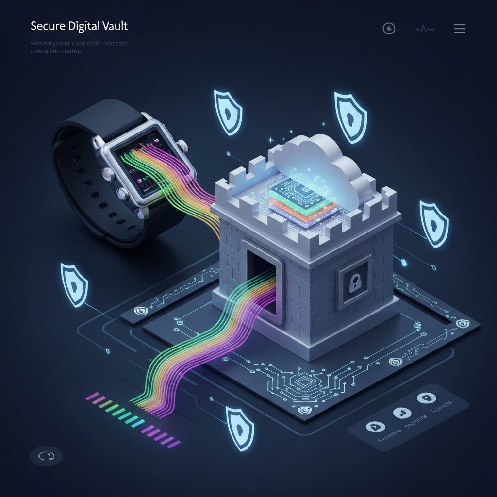 a secure digital vault interface showing encrypted health data flowing from a wearable device to a private cloud, with shield icons and blockchain-like verification elements