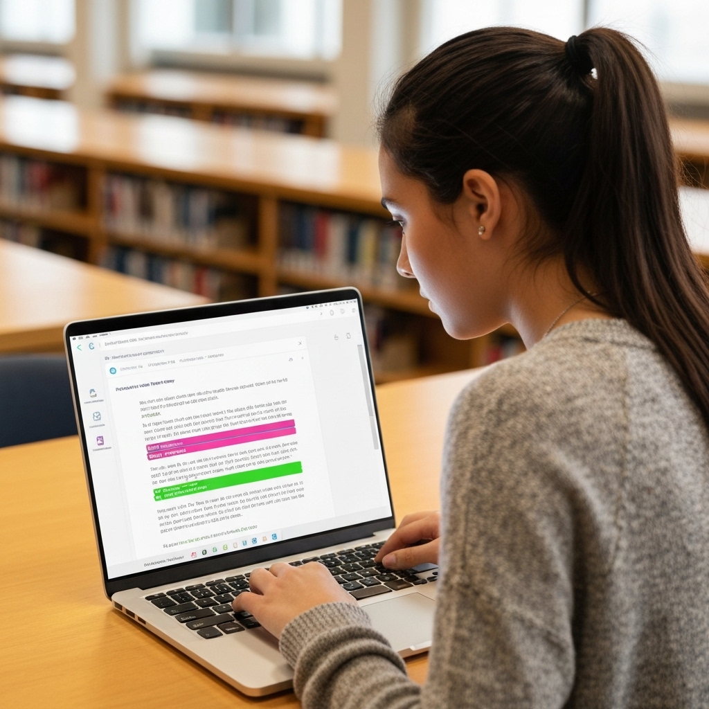 a student working on a laptop with Grammarly interface visible, showing grammar suggestions and readability score while editing a college essay