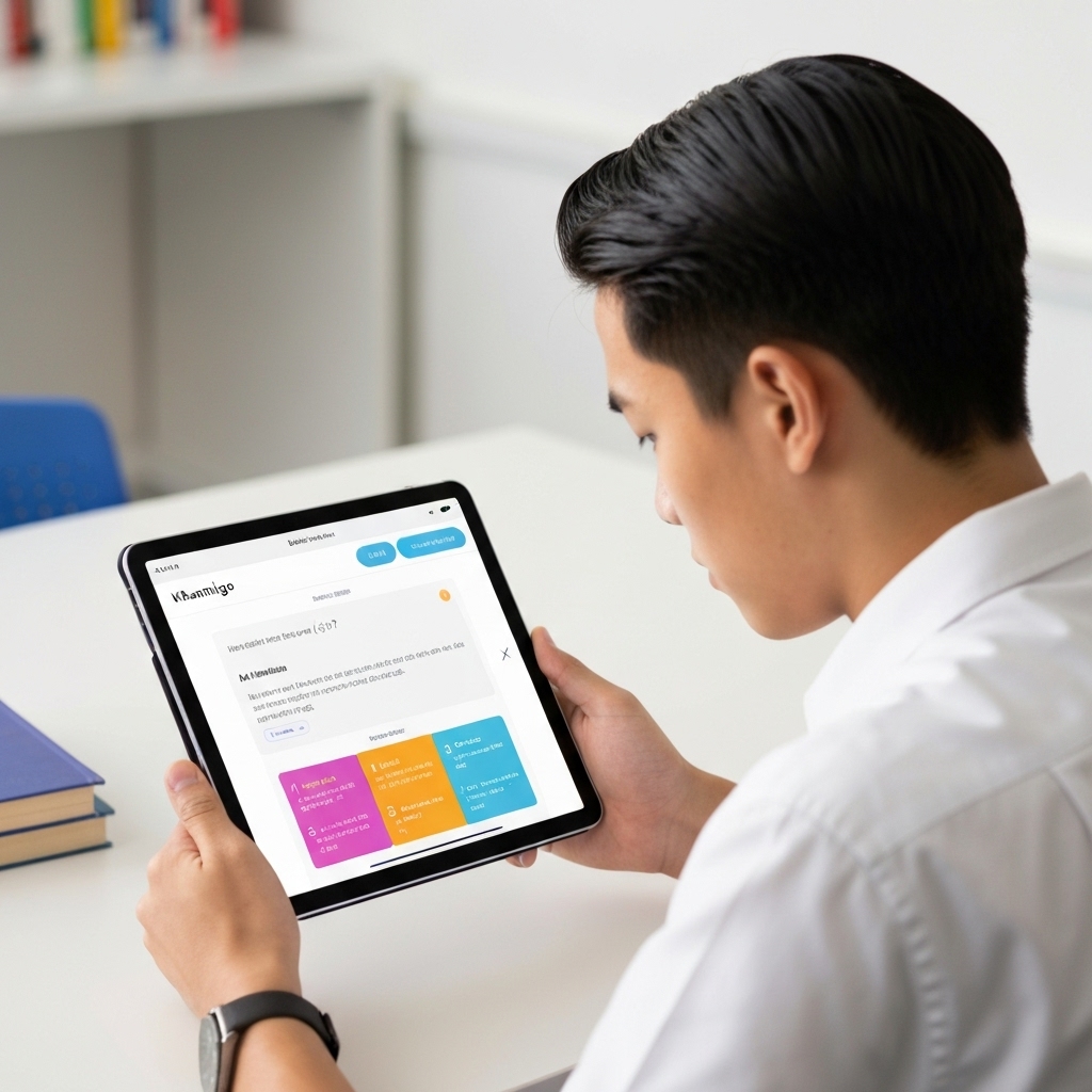 a high school student using a tablet to interact with Khanmigo, showing a split screen of a math problem and AI-generated hints in a clean, educational interface