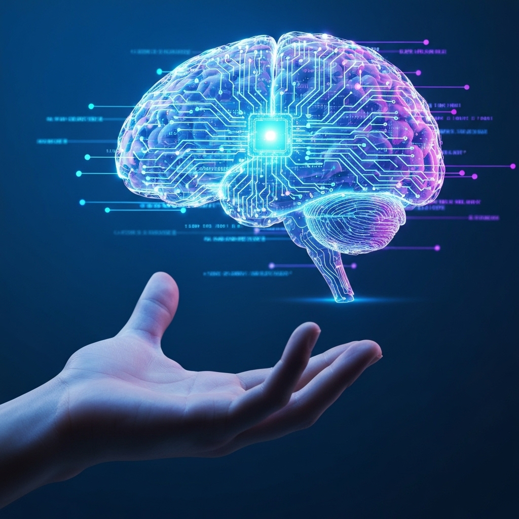a futuristic digital brain made of glowing circuits and data streams, floating above a human hand, symbolizing the connection between humans and artificial intelligence