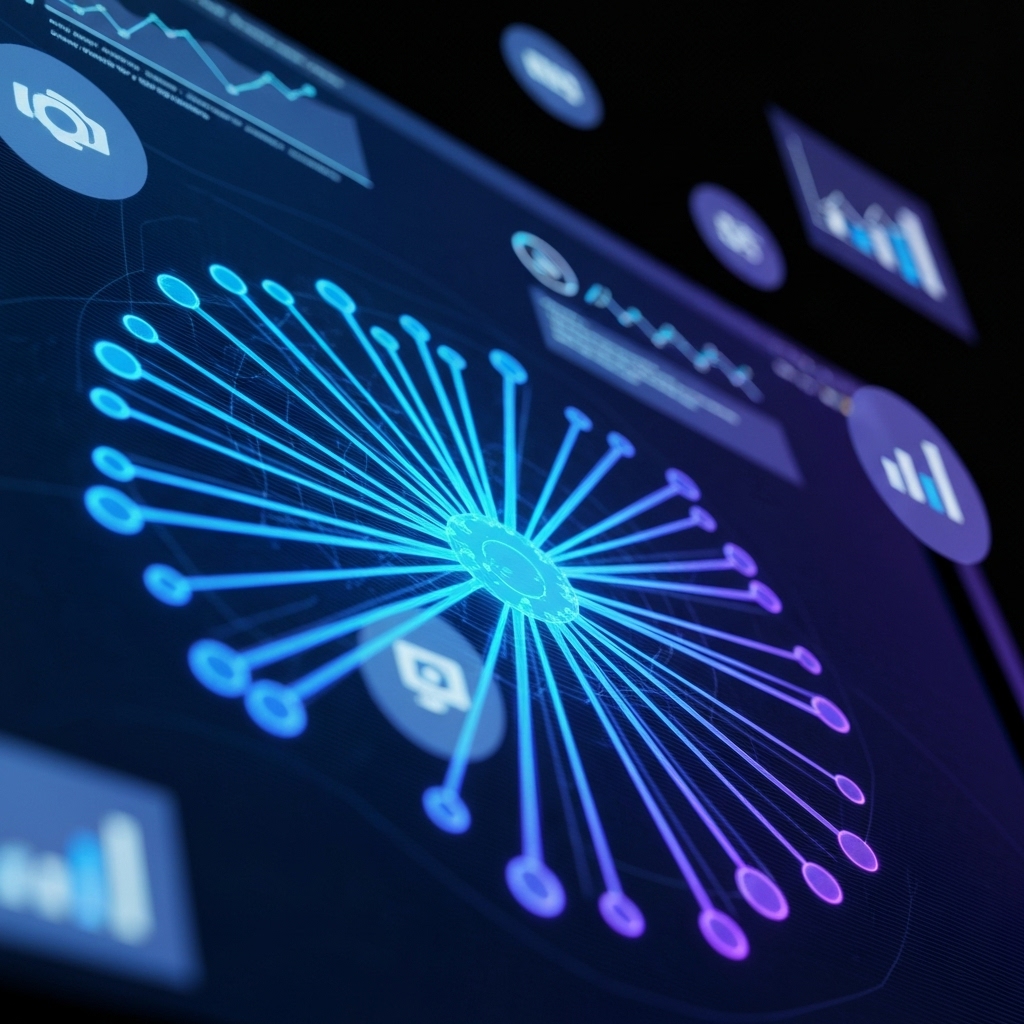 a computer screen displaying a neural network diagram with interconnected nodes lighting up, surrounded by floating icons representing data, graphs, and code