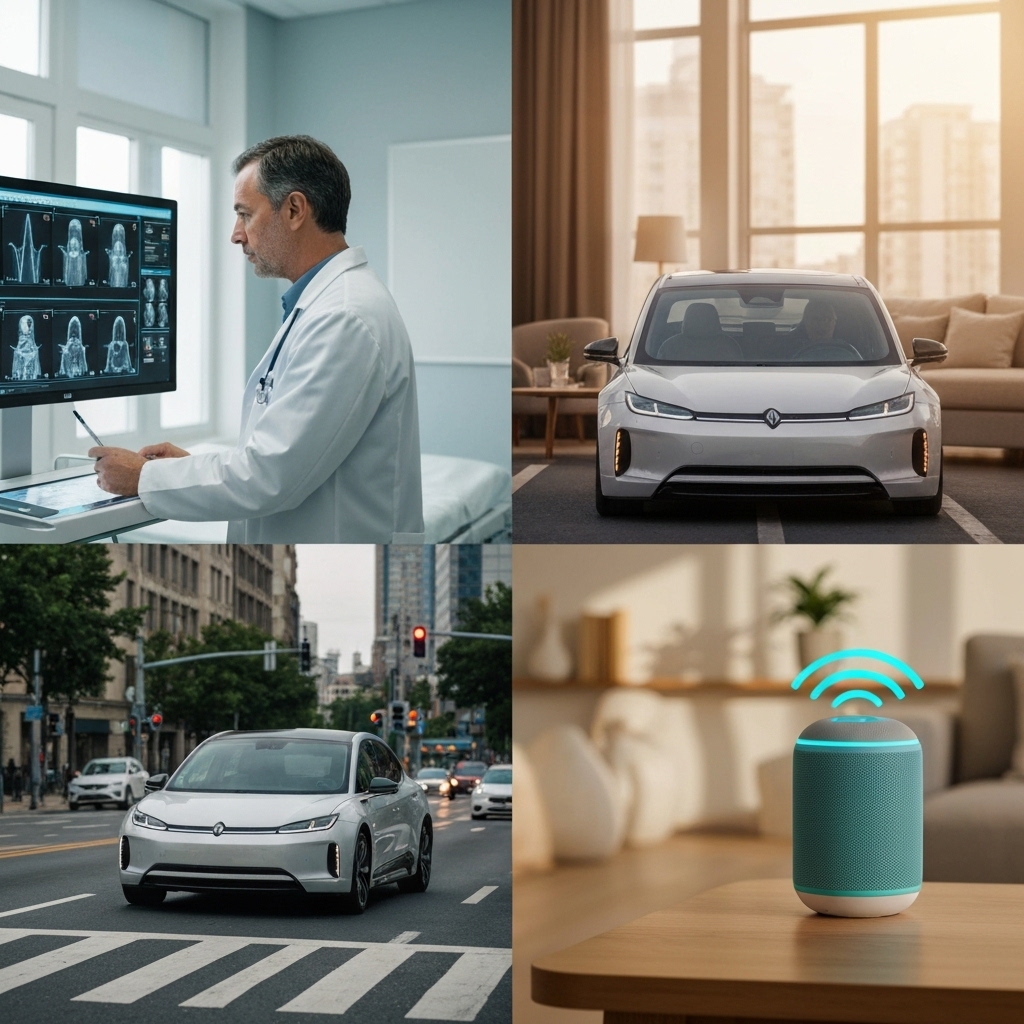 a split scene showing a doctor reviewing AI-generated medical imaging, a self-driving car on a city street, and a smart speaker responding to a voice command in a living room